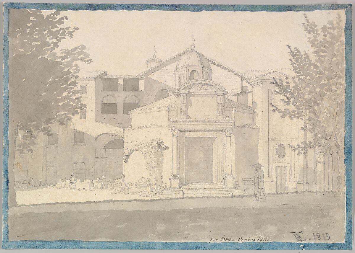 A Section of the Via Sacra, Rome (The Church of Saints Cosmas and Damian), Christoffer Wilhelm Eckersberg, Graphite, brush and gray wash, framed with graphite and brush and blue watercolor