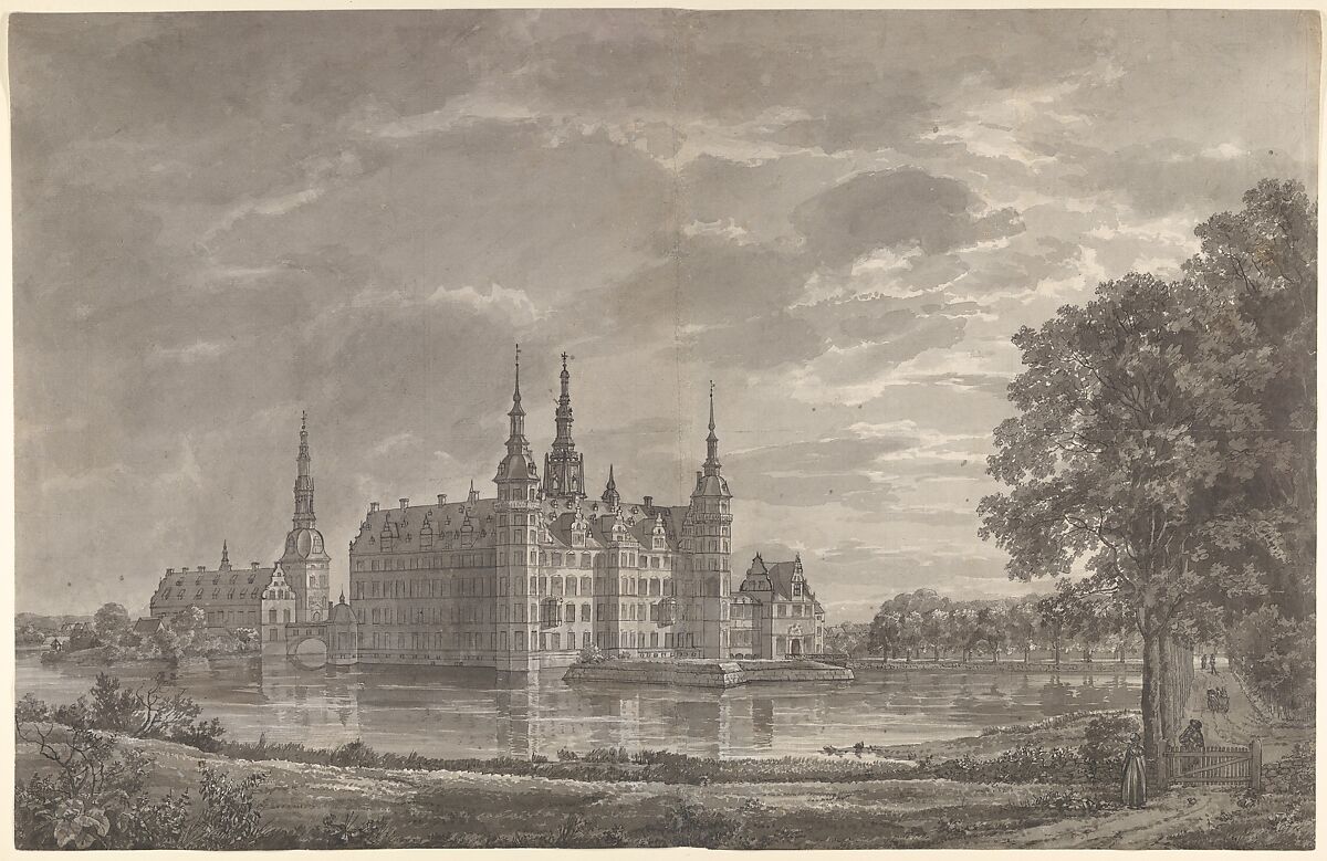 View of Frederiksborg Castle from the Northeast, Johan Christian Dahl, Pen and black ink, brush and gray wash, over a sketch in graphite