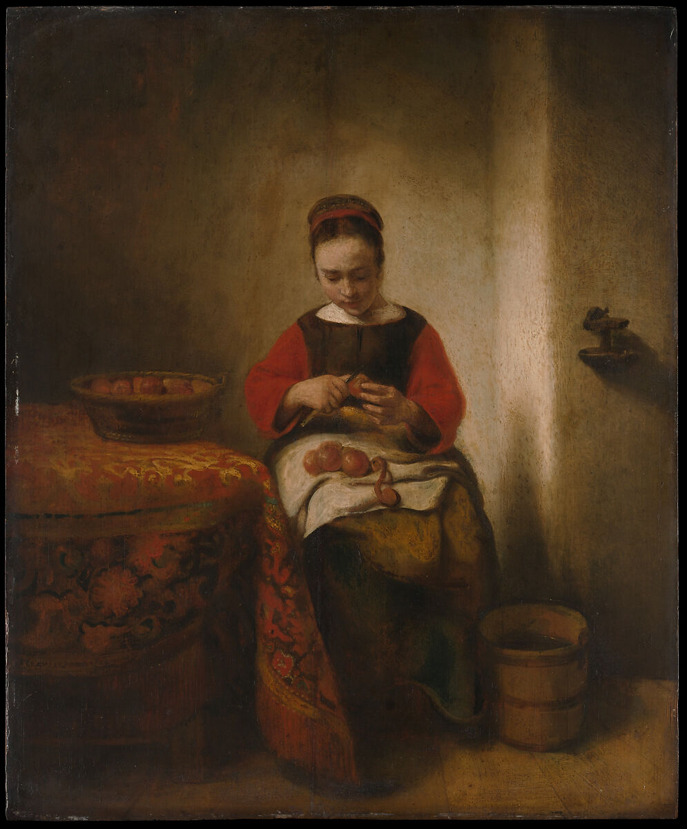Young Woman Peeling Apples, Nicolaes Maes, Oil on wood