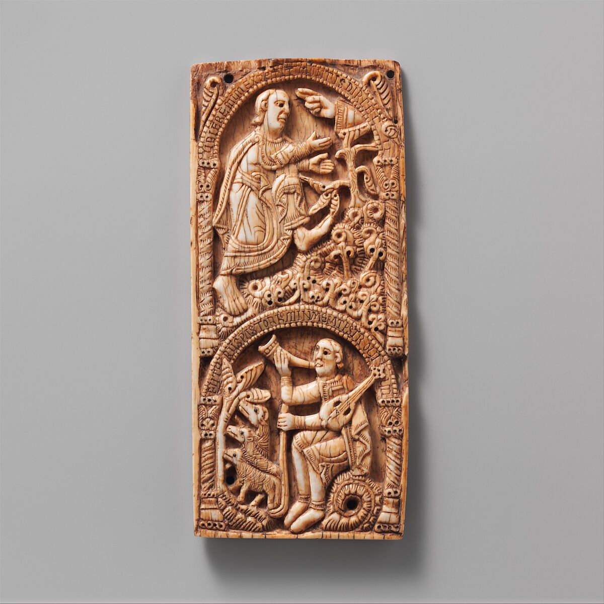 Panel with San Millán, Master Engelram and his son Redolfo, Elephant ivory, with glass inlay, Spanish