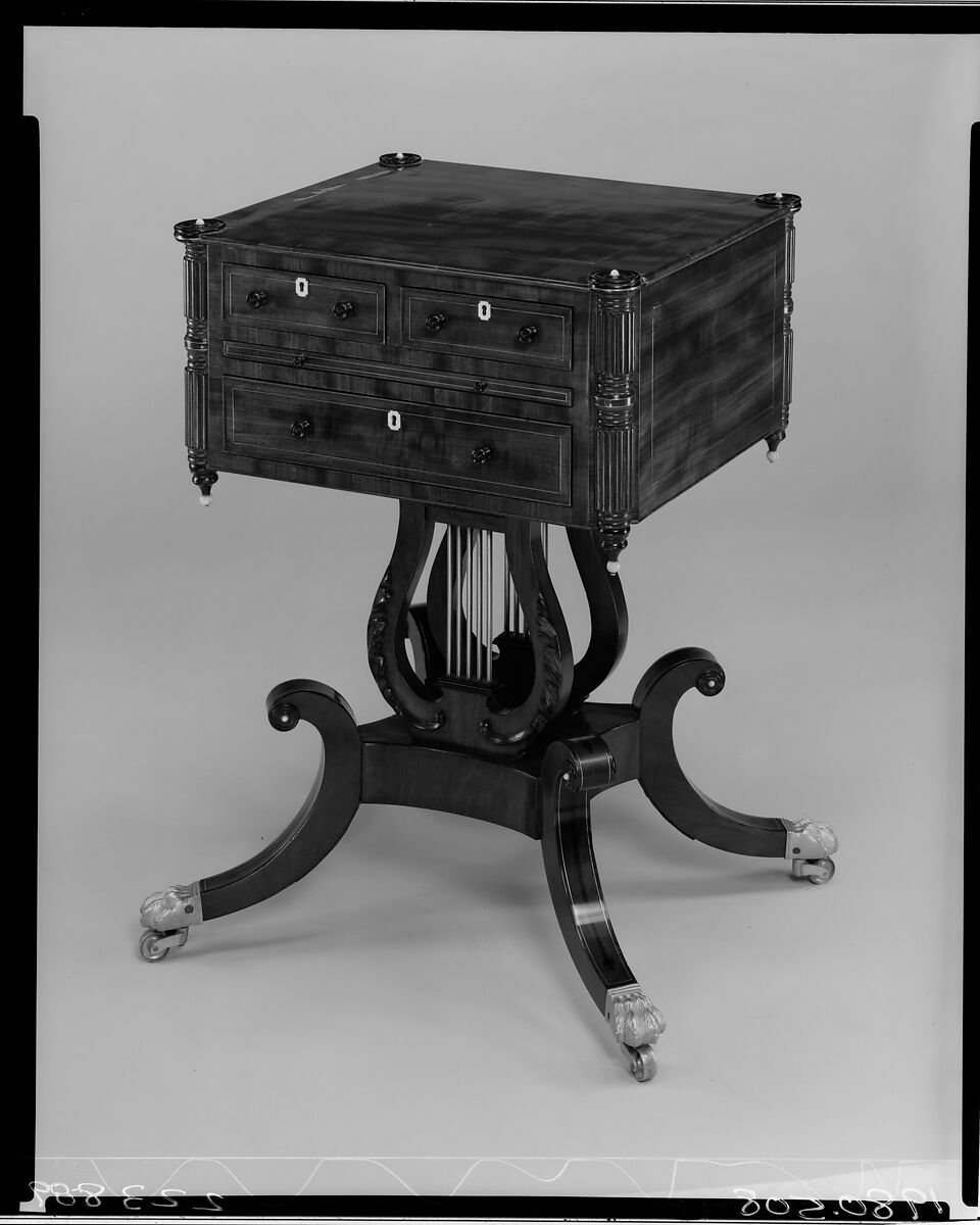 Work table, Attributed to Lemuel Churchill (active ca. 1805–28), Mahogany, tulip poplar, ebony, ivory, brass, American