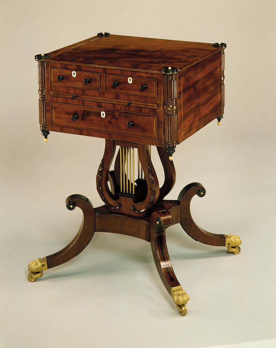 Work table, Attributed to Lemuel Churchill (active ca. 1805–28), Mahogany, tulip poplar, ebony, ivory, brass, American