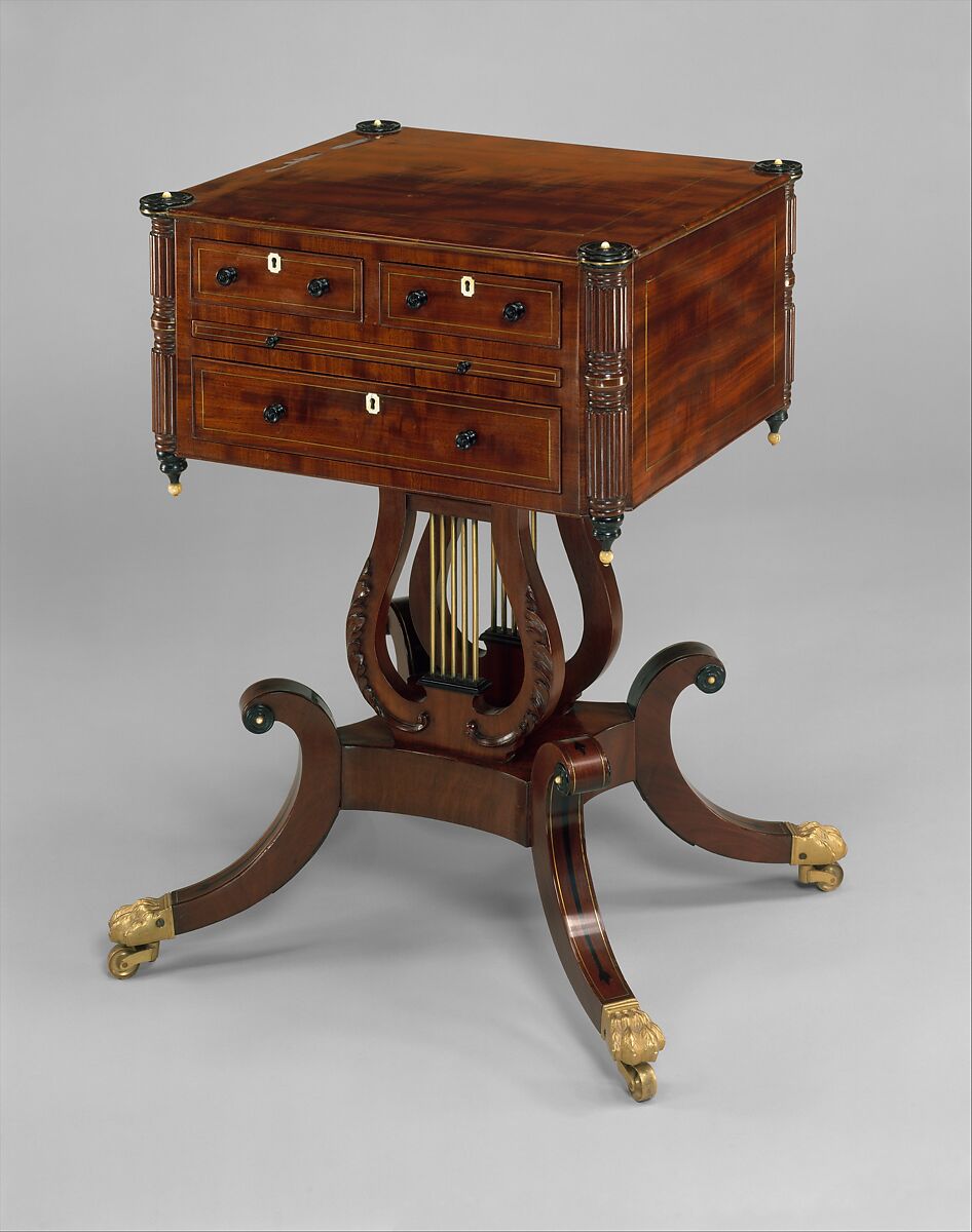 Work table, Attributed to Lemuel Churchill (active ca. 1805–28), Mahogany, tulip poplar, ebony, ivory, brass, American 