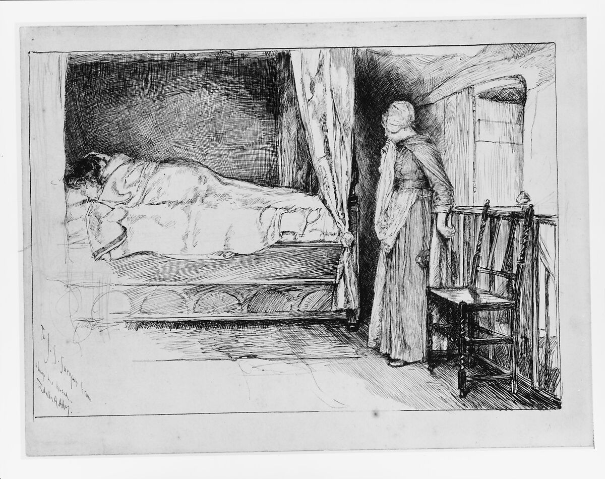 Entrance of the Serving Maid, Edwin Austin Abbey (American, Philadelphia, Pennsylvania 1852–1911 London), Black ink and graphite on off-white wove paper card, American