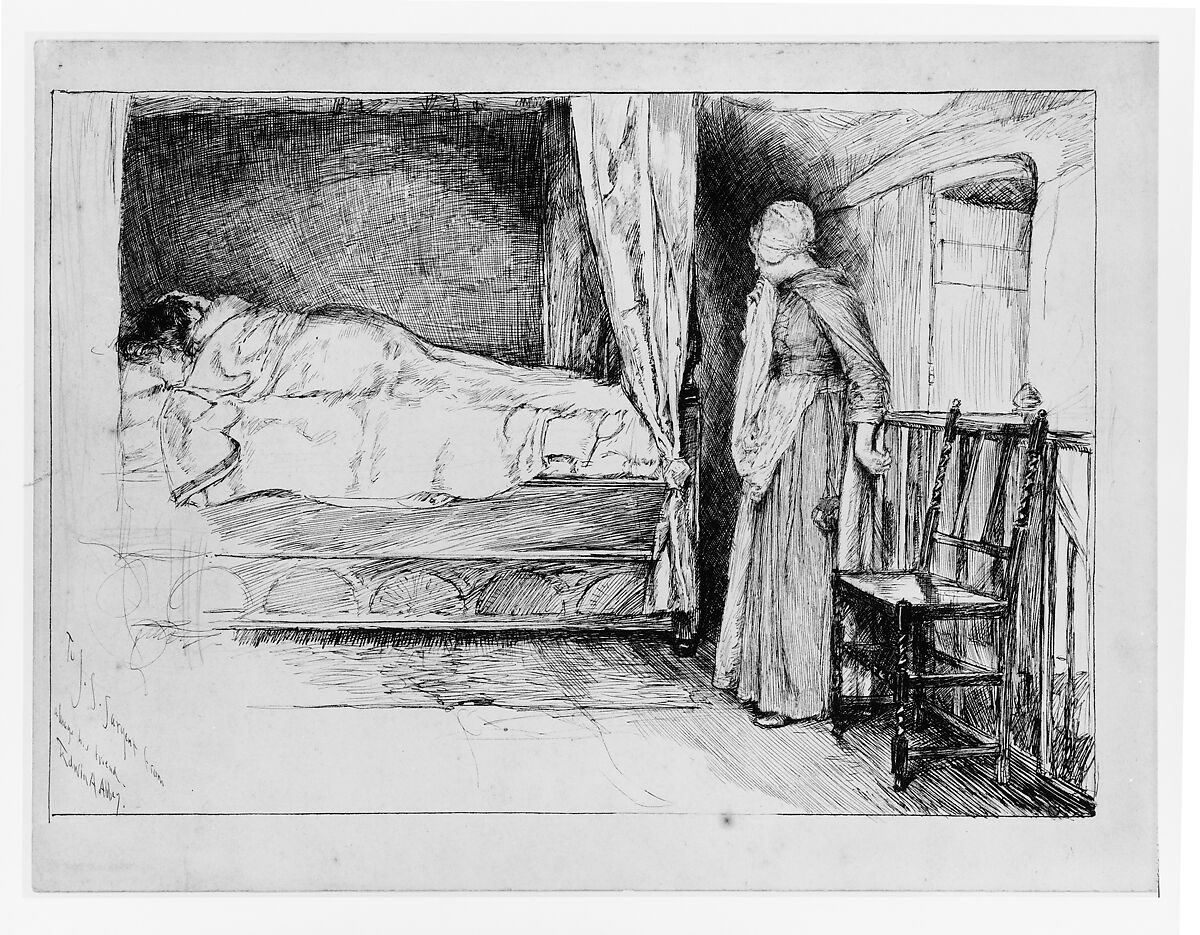Entrance of the Serving Maid, Edwin Austin Abbey (American, Philadelphia, Pennsylvania 1852–1911 London), Black ink and graphite on off-white wove paper card, American 