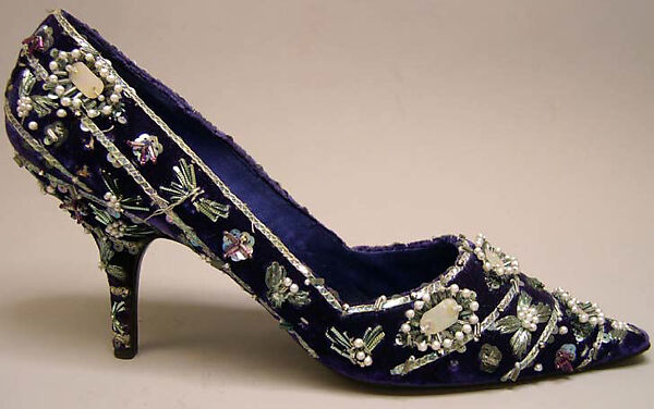Shoes, Roger Vivier (French, 1913–1998), silk, metallic thread, plastic, glass, French 