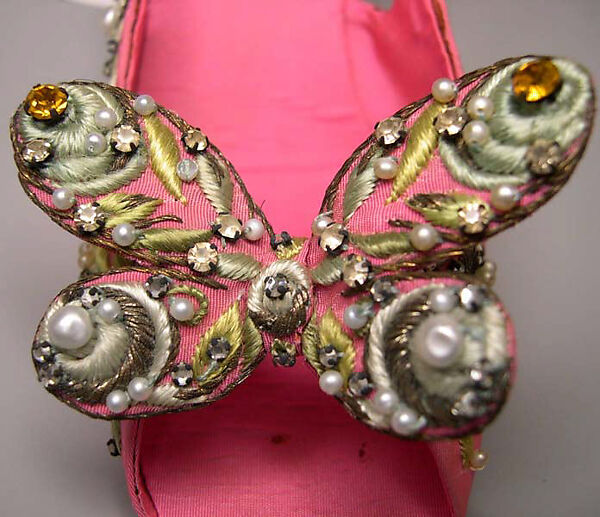 Evening sandals, House of Dior (French, founded 1946), silk, metallic thread, glass, plastic, French