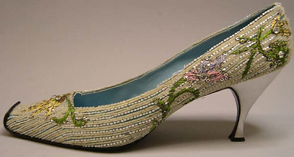 Evening shoes, House of Dior (French, founded 1946), silk, cotton, metallic thread, plastic, glass, French 