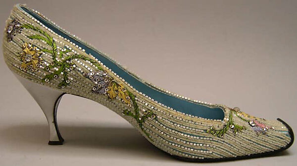 Evening shoes, House of Dior (French, founded 1946), silk, cotton, metallic thread, plastic, glass, French
