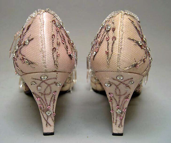 Evening shoes, House of Dior (French, founded 1946), silk, nylon, leather, glass, metallic thread, French