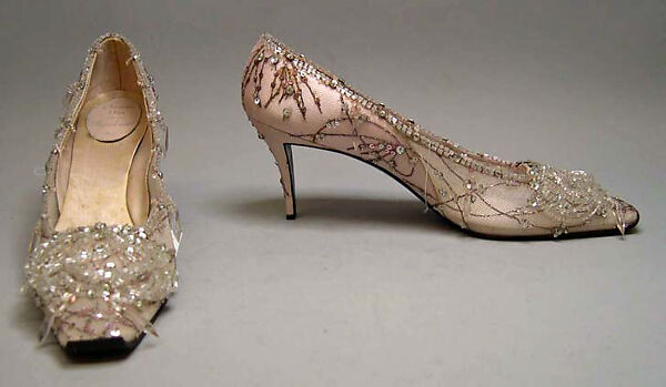Evening shoes, House of Dior (French, founded 1946), silk, nylon, leather, glass, metallic thread, French 