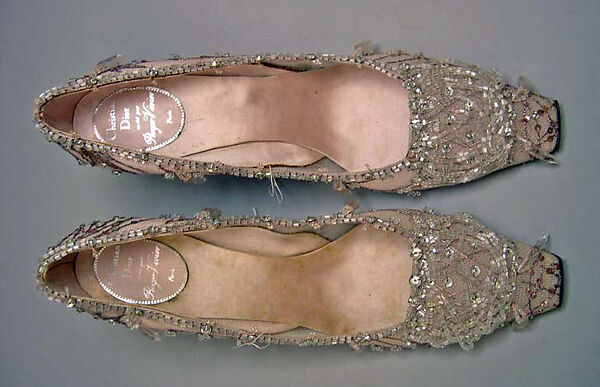 Evening shoes, House of Dior (French, founded 1946), silk, nylon, leather, glass, metallic thread, French