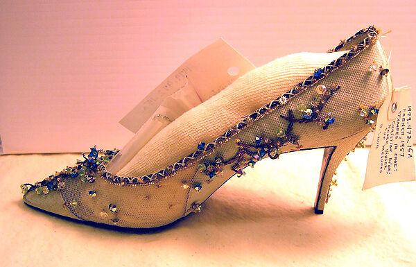 Evening shoes, House of Dior (French, founded 1946), silk, nylon,  leather, metallic thread, glass, plastic, French
