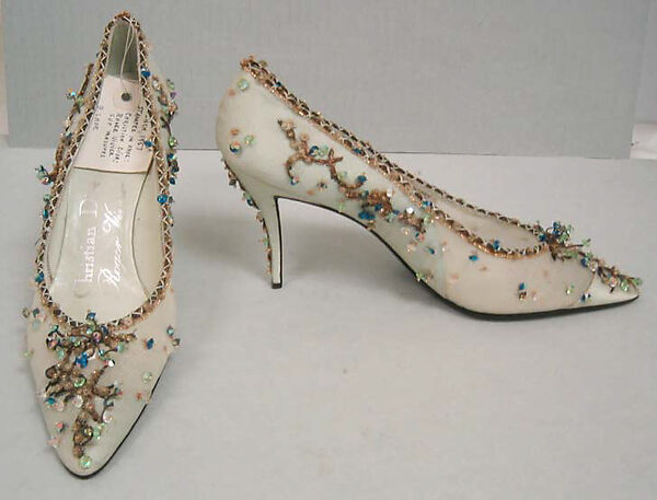 Evening shoes, House of Dior (French, founded 1946), silk, nylon,  leather, metallic thread, glass, plastic, French