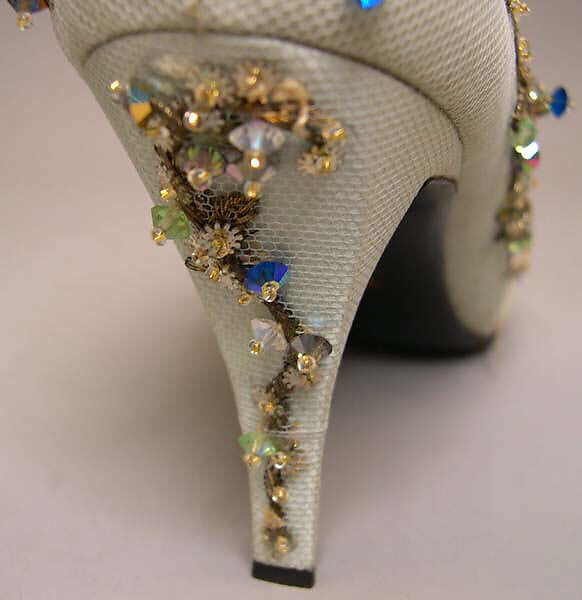 Evening shoes, House of Dior (French, founded 1946), silk, nylon,  leather, metallic thread, glass, plastic, French