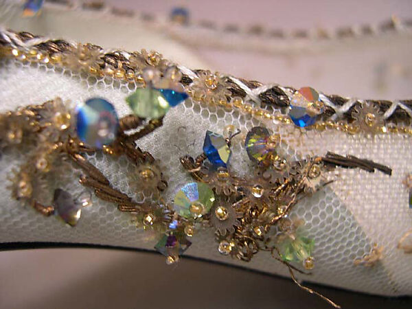 Evening shoes, House of Dior (French, founded 1946), silk, nylon,  leather, metallic thread, glass, plastic, French
