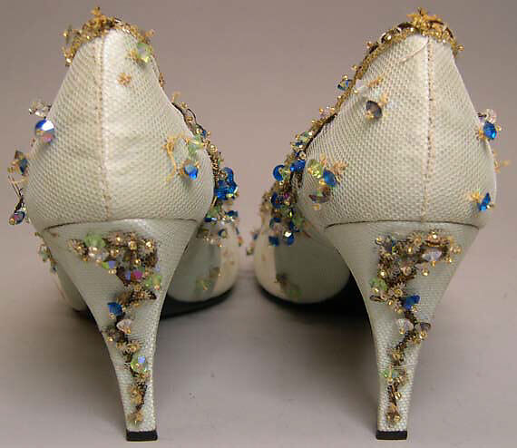 Evening shoes, House of Dior (French, founded 1946), silk, nylon,  leather, metallic thread, glass, plastic, French