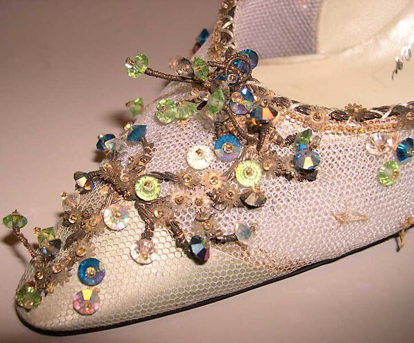 Evening shoes, House of Dior (French, founded 1946), silk, nylon,  leather, metallic thread, glass, plastic, French
