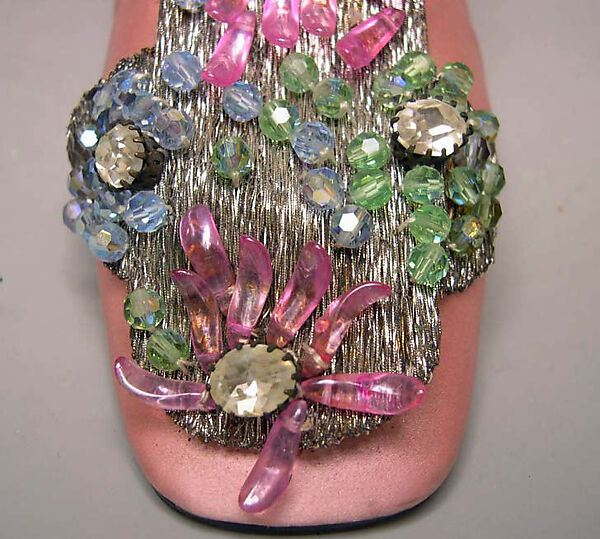 Evening shoes, House of Dior (French, founded 1946), silk, metallic thread, plastic, glass, French