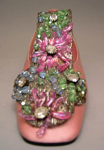 Evening shoes, House of Dior (French, founded 1946), silk, metallic thread, plastic, glass, French