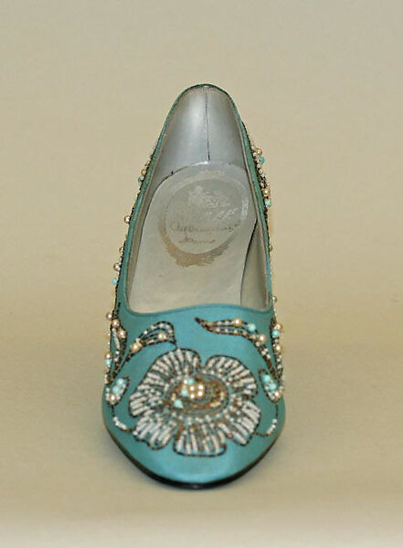 Evening shoes, Christian Dior (French, Granville 1905–1957 Montecatini), silk, metallic thread, plastic, glass, French