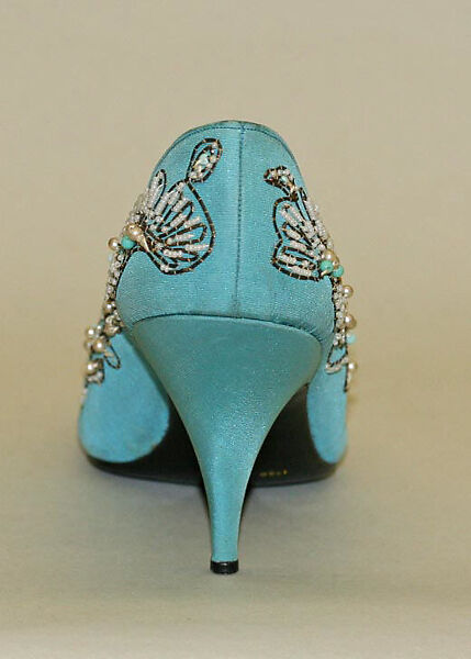 Evening shoes, Christian Dior (French, Granville 1905–1957 Montecatini), silk, metallic thread, plastic, glass, French