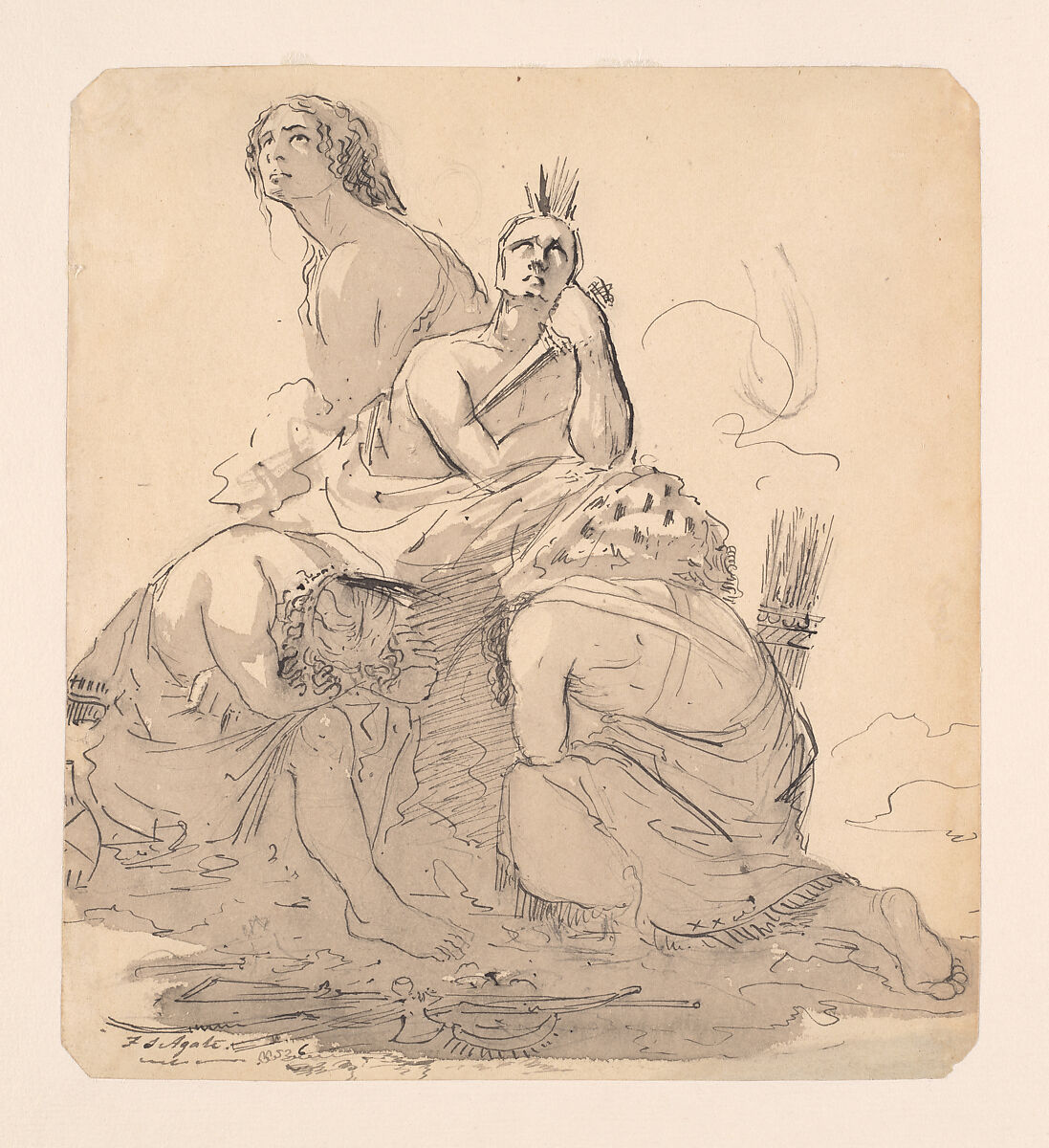Indians Lamenting the Approach of the White Man (from McGuire Scrapbook), Frederick Stiles Agate (American, Sparta, New York 1803–1844 Sparta, New York), Pen and black ink, gray washes, and graphite on off-white wove paper, American 