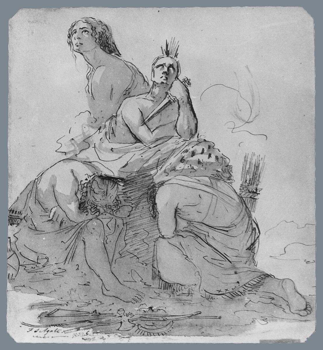 Indians Lamenting the Approach of the White Man (from McGuire Scrapbook), Frederick Stiles Agate (American, Sparta, New York 1803–1844 Sparta, New York), Pen and black ink, gray washes, and graphite on off-white wove paper, American