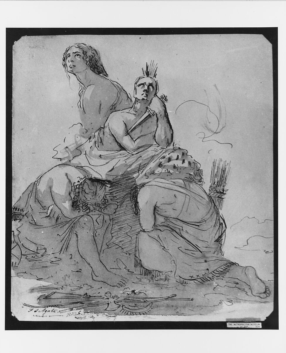 Indians Lamenting the Approach of the White Man (from McGuire Scrapbook), Frederick Stiles Agate (American, Sparta, New York 1803–1844 Sparta, New York), Pen and black ink, gray washes, and graphite on off-white wove paper, American