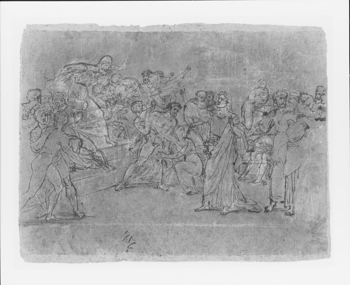 The Stoning of Saint Stephen, Washington Allston (American, Georgetown, South Carolina 1779–1843 Cambridgeport, Massachusetts), Iron-gall ink and white chalk on dark brown laid paper, American 