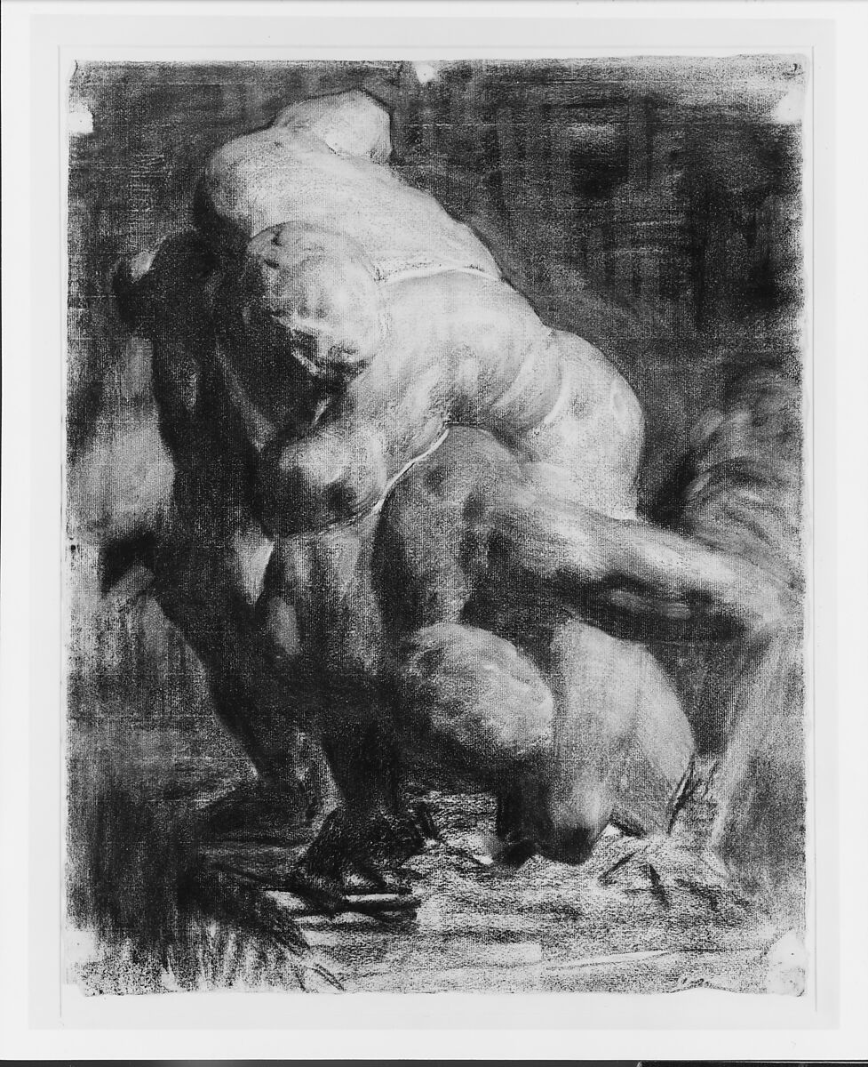 Two Male Figures Wrestling, Thomas Anshutz (American, Newport, Kentucky 1851–1912 Fort Washington, Pennsylvania), Charcoal on off-white laid paper, American