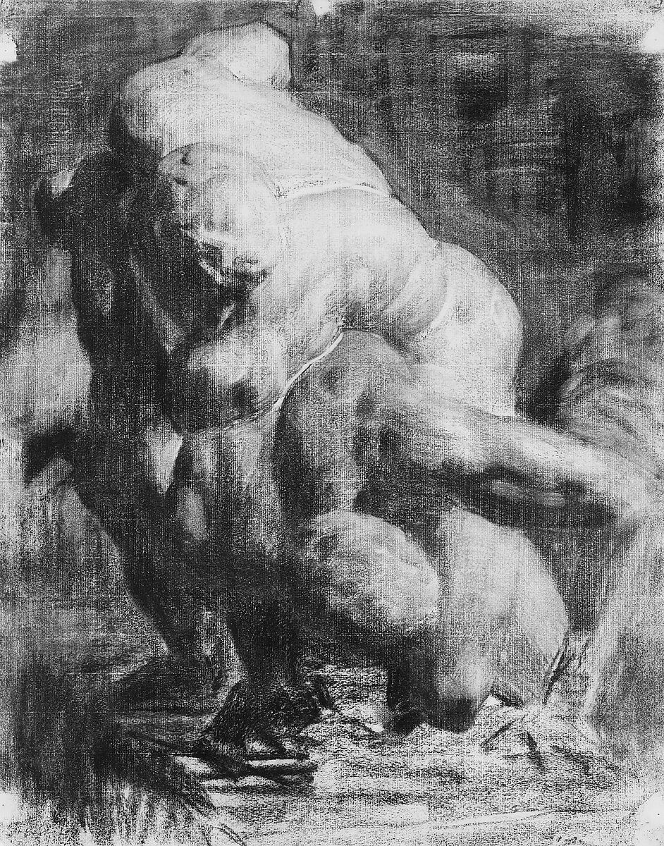 Two Male Figures Wrestling, Thomas Anshutz (American, Newport, Kentucky 1851–1912 Fort Washington, Pennsylvania), Charcoal on off-white laid paper, American