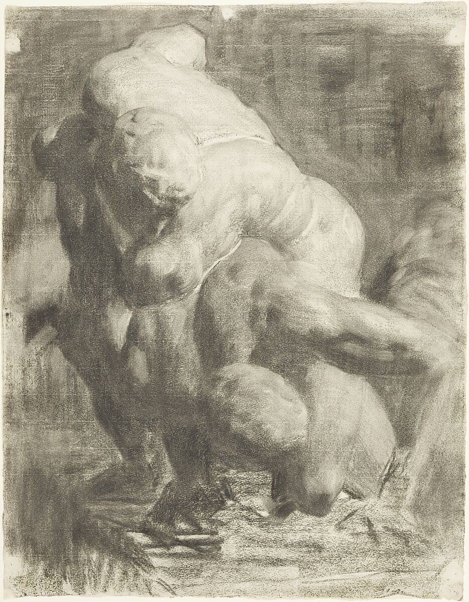 Two Male Figures Wrestling, Thomas Anshutz (American, Newport, Kentucky 1851–1912 Fort Washington, Pennsylvania), Charcoal on off-white laid paper, American 