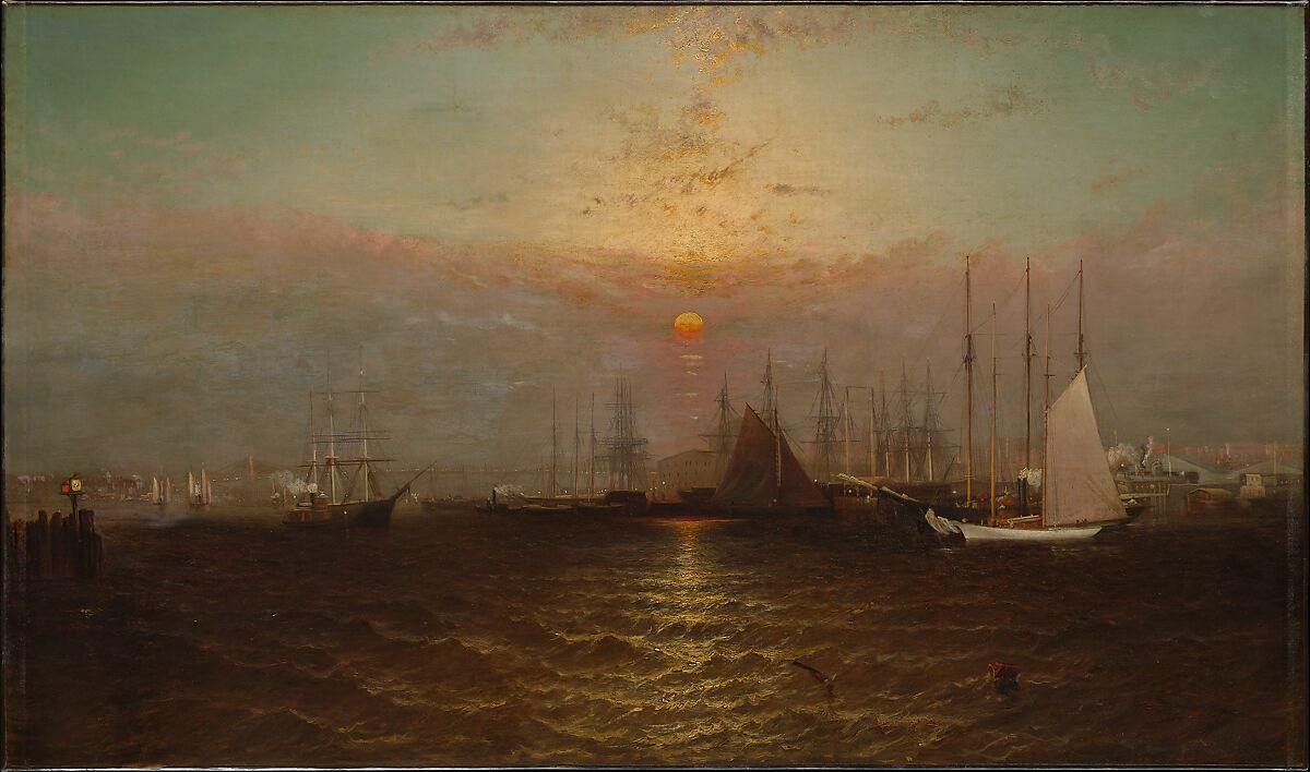 New York Harbor with Brooklyn Bridge, G. Baker (active ca. 1870–1900), Oil on canvas, American 