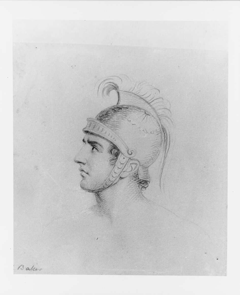 Head of a Man Wearing a Helmet (from McGuire Scrapbook), George Augustus Baker Jr. (1821–1880), Graphite on off-white wove paper, American 