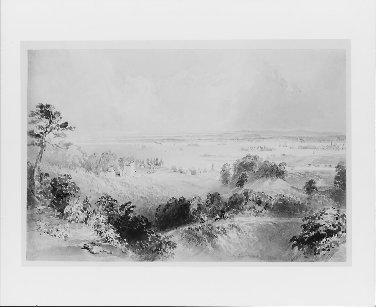 View of the Bay and Harbor of New York, from Gowanus Heights, Brooklyn, William Henry Bartlett (British, London 1809–1854 at sea), Watercolor and graphite on white wove paper, American