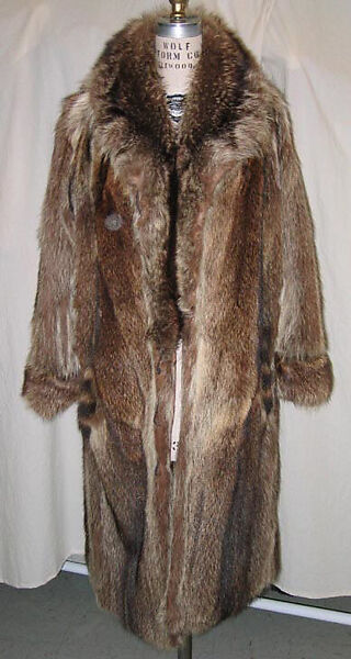 Abraham and Straus Tapestry coat with fur collar and wrap belt, 1960s