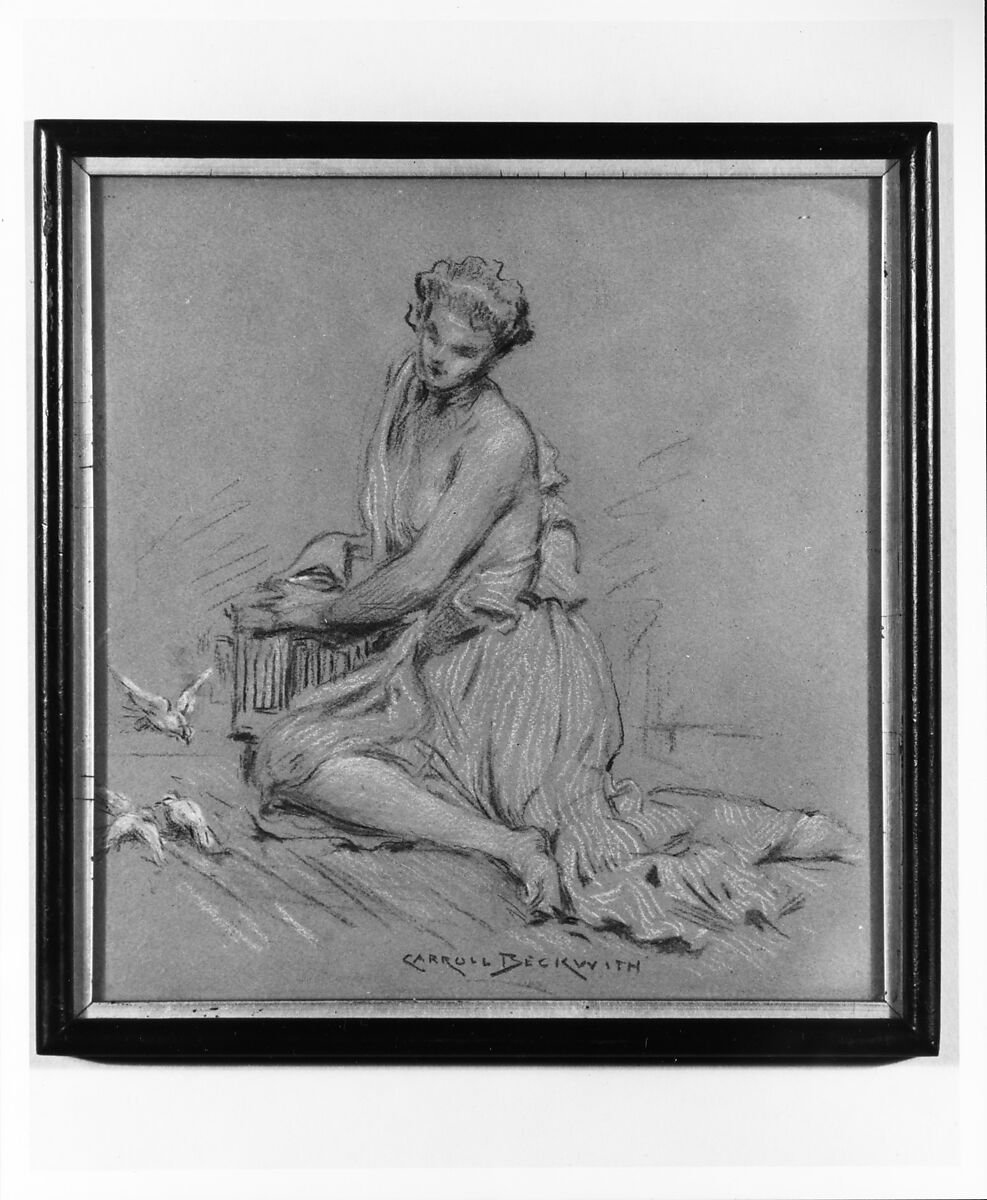 Seated Woman with Birds, J. Carroll Beckwith (American, Hannibal, Missouri 1852–1917 New York), Colored chalks and pastel on grey wove paper, American