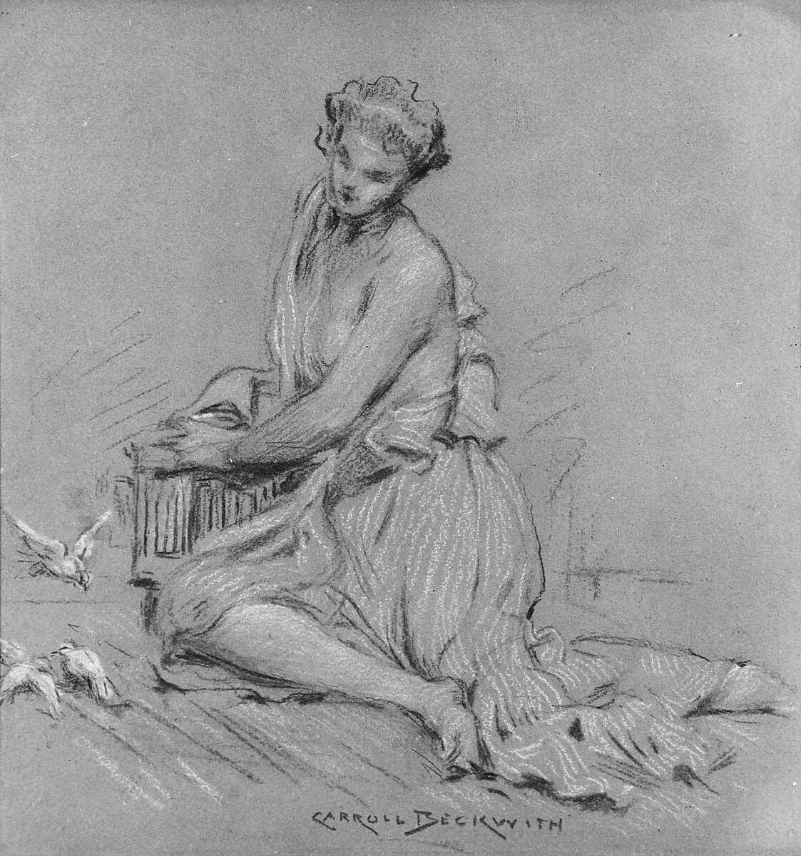 Seated Woman with Birds, J. Carroll Beckwith (American, Hannibal, Missouri 1852–1917 New York), Colored chalks and pastel on grey wove paper, American 