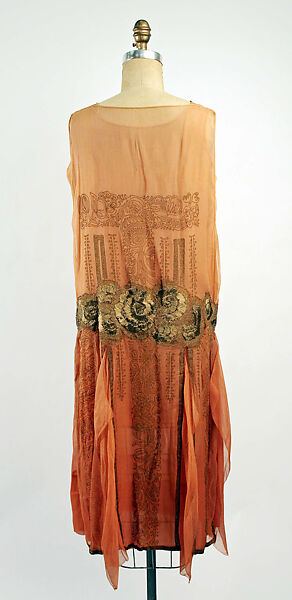 Evening ensemble, a) silk, fur
b) silk, American or European