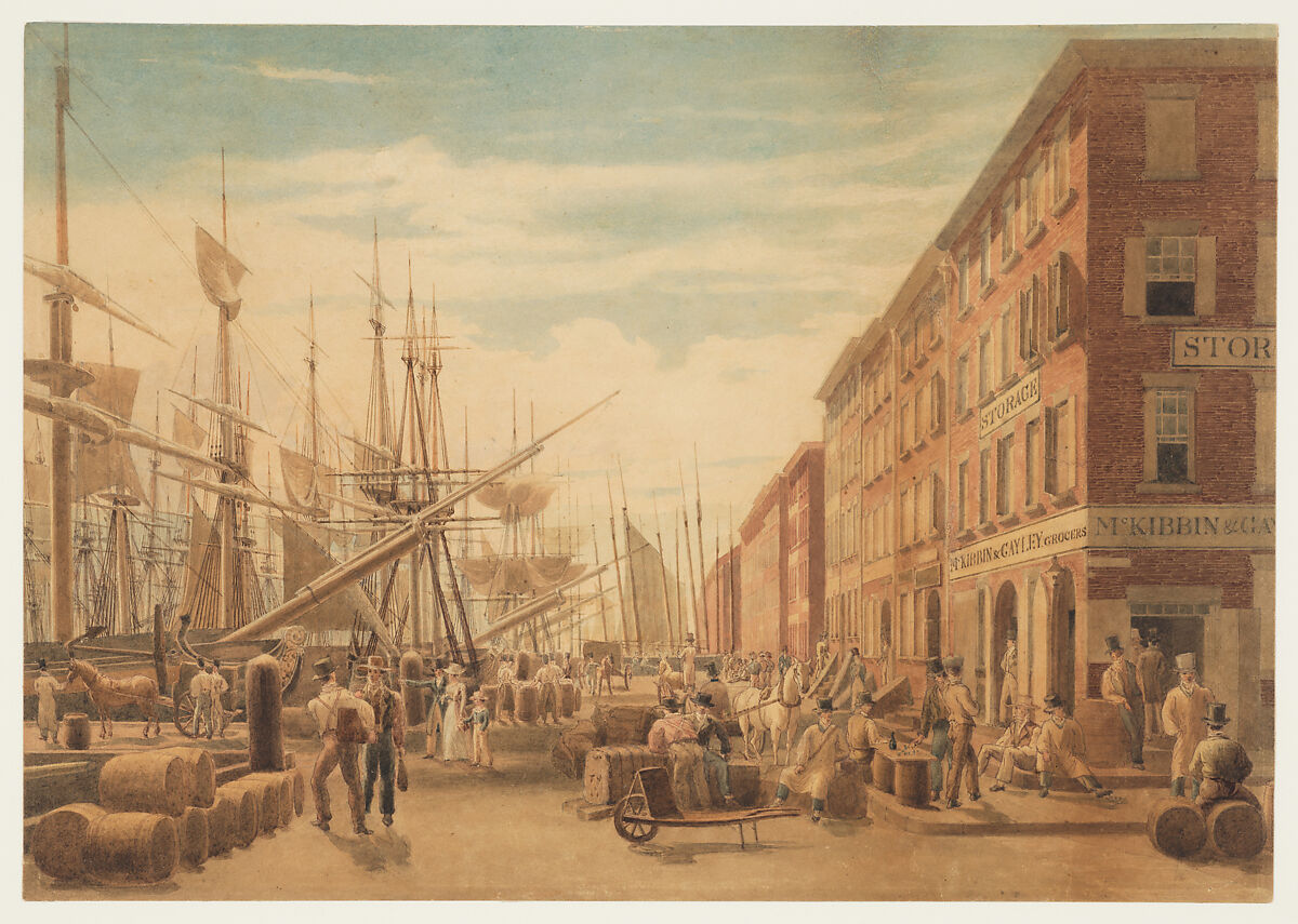 View of South Street, from Maiden Lane, New York City, William James Bennett (American, London 1787–1844 New York), Watercolor on off-white wove paper, American