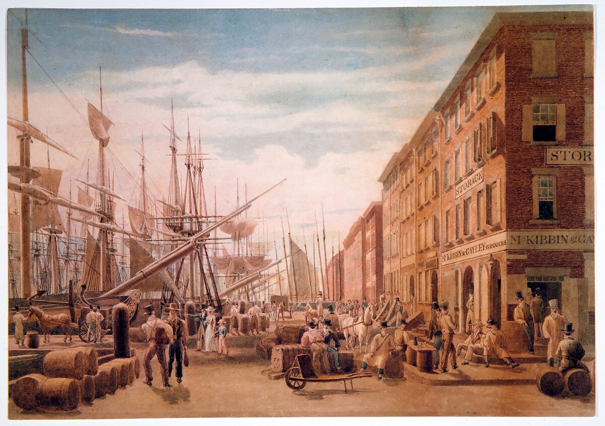 View of South Street, from Maiden Lane, New York City, William James Bennett (American, London 1787–1844 New York), Watercolor on off-white wove paper, American