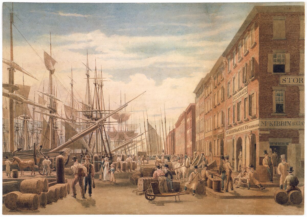 View of South Street, from Maiden Lane, New York City, William James Bennett (American, London 1787–1844 New York), Watercolor on off-white wove paper, American