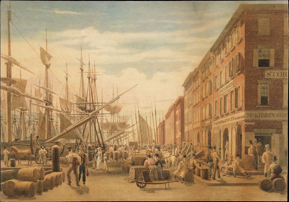 View of South Street, from Maiden Lane, New York City, William James Bennett (American, London 1787–1844 New York), Watercolor on off-white wove paper, American 