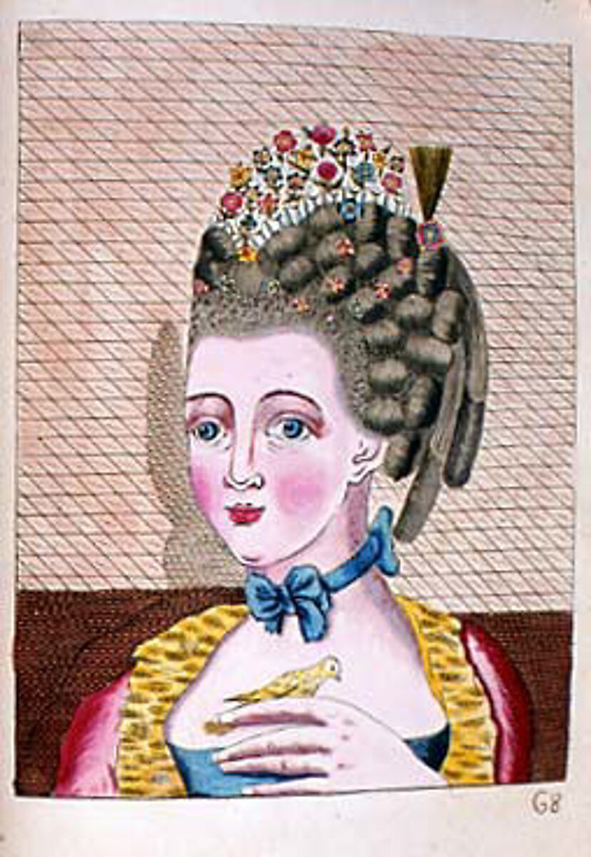 L'art de la coëffure des dames françoises, avec des estampes : où sont représentées les têtes coëffées, gravées sur les dessins originaux de mes accommodages, avec le traité en abrégé d'entretenir & conserver les cheveux naturels, Legros de Rumigny (French), a-e) leather, paper, French