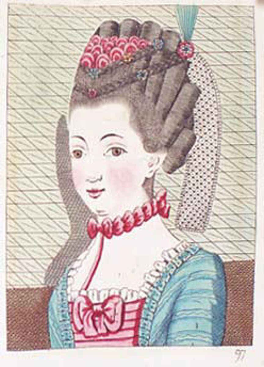 L'art de la coëffure des dames françoises, avec des estampes : où sont représentées les têtes coëffées, gravées sur les dessins originaux de mes accommodages, avec le traité en abrégé d'entretenir & conserver les cheveux naturels, Legros de Rumigny (French), a-e) leather, paper, French