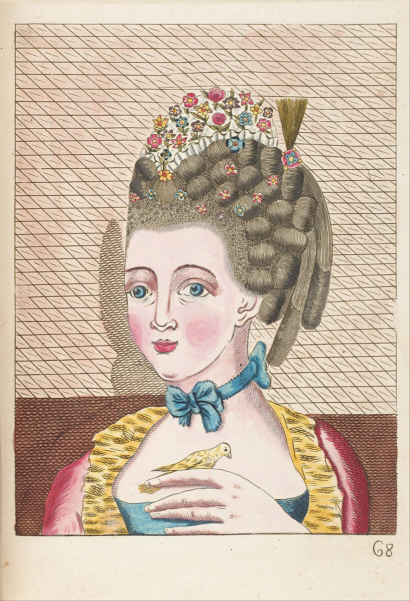 L'art de la coëffure des dames françoises, avec des estampes : où sont représentées les têtes coëffées, gravées sur les dessins originaux de mes accommodages, avec le traité en abrégé d'entretenir & conserver les cheveux naturels, Legros de Rumigny (French), a-e) leather, paper, French