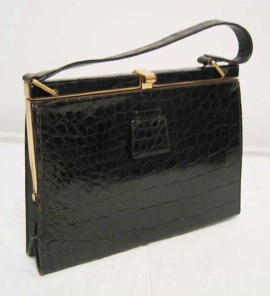 Purse, Mark W. Cross (American, 1845–1997), a) leather, metal, silk; b) leather, metal; c) glass, leather; d) plastic, American