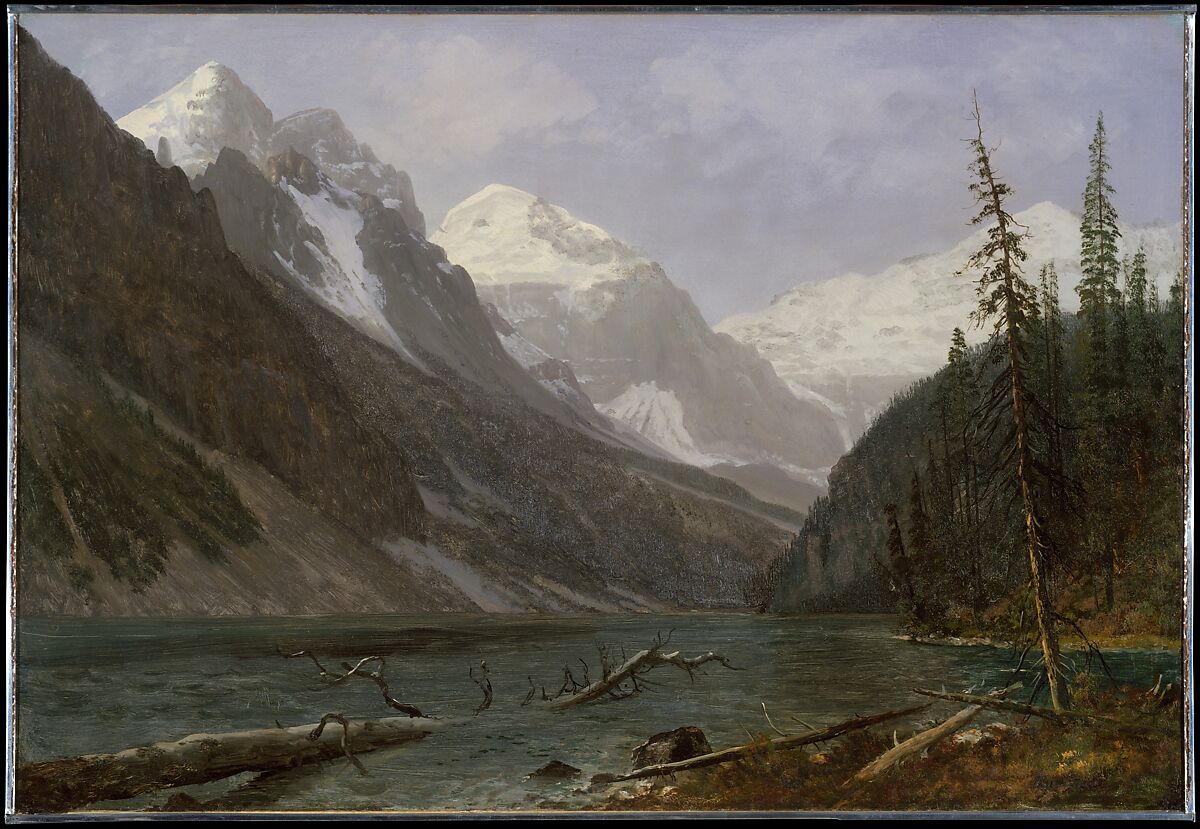 Canadian Rockies (Lake Louise), Albert Bierstadt (American, Solingen 1830–1902 New York), Oil on paper mounted to board, American 