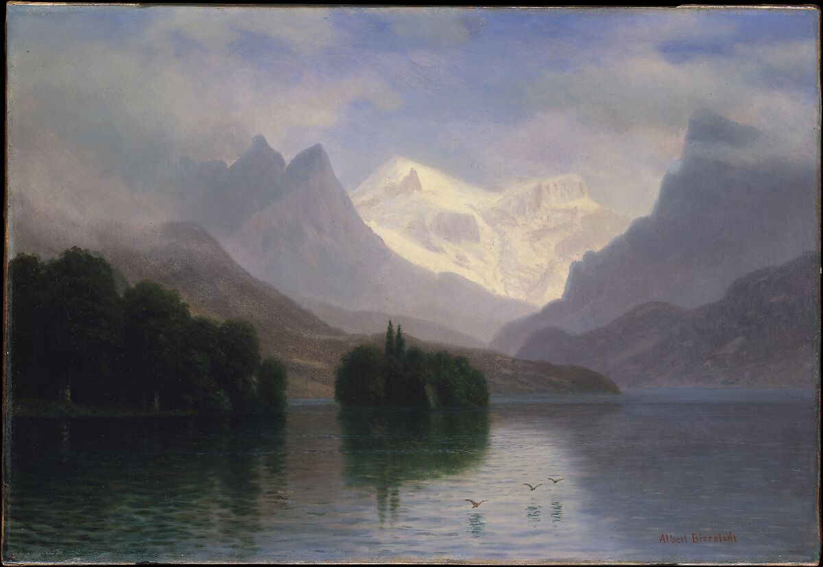 Mountain Scene, Albert Bierstadt (American, Solingen 1830–1902 New York), Oil on paper, American 